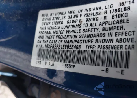 2014 Honda Civic Ex from USA, damaged, VIN 19XFB2F81EE058498